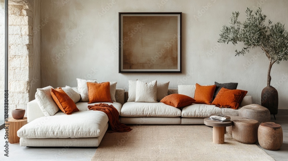 Sofa and boho style poufs against white wall with blank mock up frame in minimalist living room Sofa and boho style poufs against white wall with blank mock up frame in minimalist living room