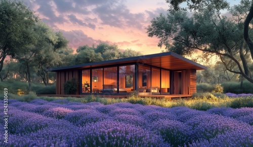 Modern house surrounded by lavender fields at sunset in a serene landscape