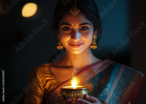 Young woman holding a traditional lamp in a festive setting during the evenin...