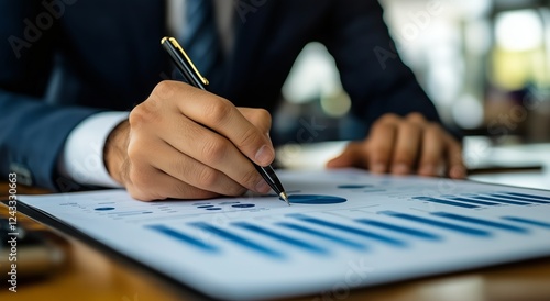 Business professional analyzing data and creating reports in an office settin...