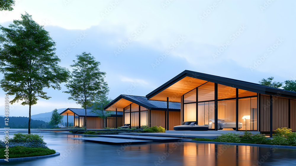 Modern lakefront cabins, mountain view, evening light, tranquil getaway Modern lakefront cabins, mountain view, evening light, tranquil getaway