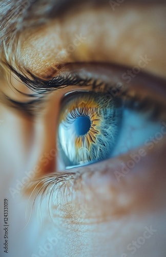 Detailed close-up of a human eye with blue and golden hues reflecting light