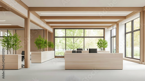 Modern light-filled open plan office with wooden accents.  Ideal for showcasing workspaces  interior design or architecture