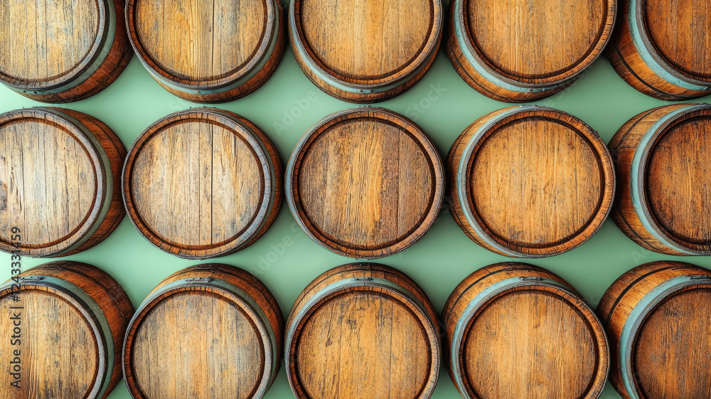 Top view of multiple wooden barrels on a green background. Top view of multiple wooden barrels on a green background.