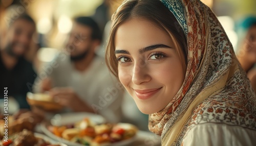 Muslim Woman in Front of Delicious Foods at Dining Table for Iftar Party, Ramadan Mubarak Photo.Fictional Character Created By Generative AI photo