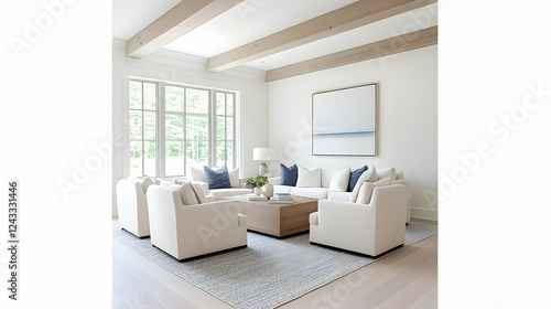 Modern living room with large windows and wooden beams, showcasing a clean aesthetic.  Possible use for interior design magazines or websites