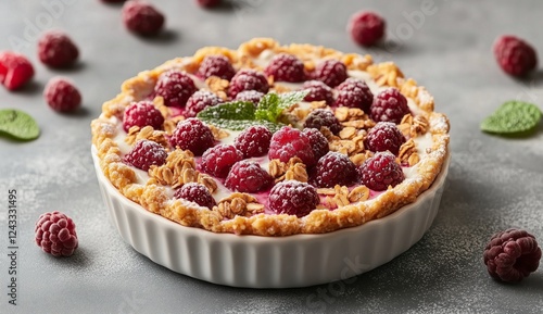 Delicious raspberry pie topped with granola and mint on a neutral grey backgr...