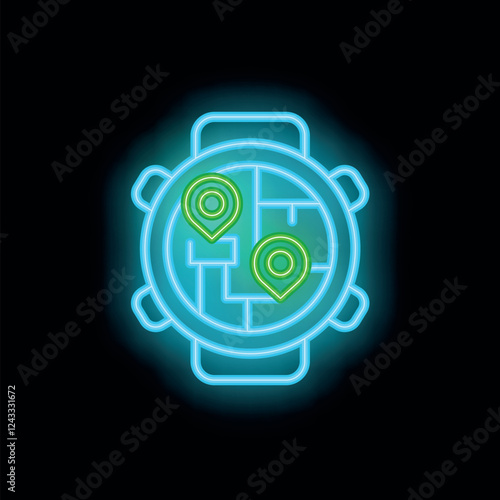 Neon smartwatch displaying gps location tracking on a map, symbolizing navigation, technology, and modern travel