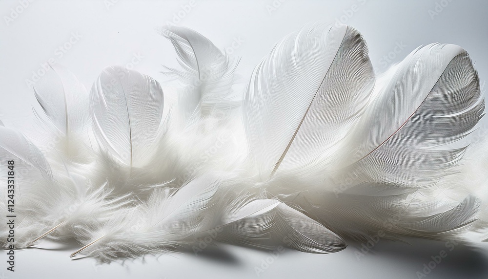 Obraz premium 軽やかな白い羽が白い背景に浮かぶシンプルな構図