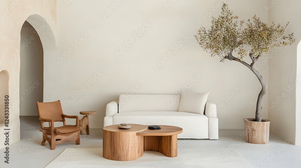 Fototapeta premium Modern living room with wooden furniture and olive tree