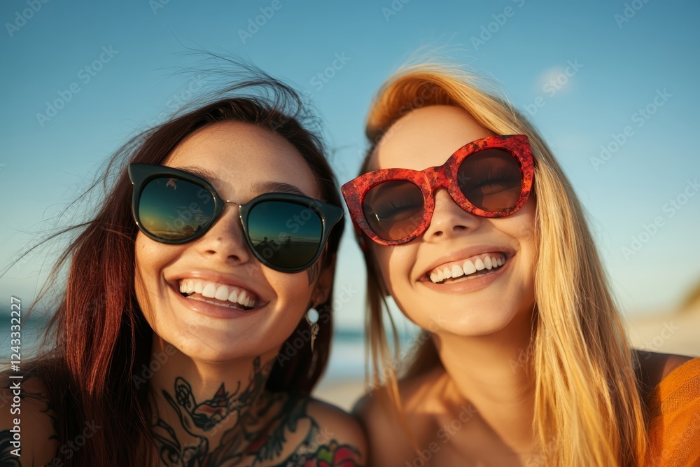 Joyful friends enjoying a sunny beach day with sunglasses and smiles Joyful friends enjoying a sunny beach day with sunglasses and smiles