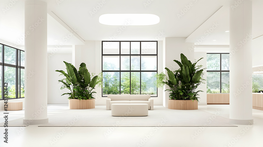 Modern minimalist lobby with large windows overlooking trees. Interior design concept. Potential use for architecture portfolios or real estate marketing Modern minimalist lobby with large windows overlooking trees. Interior design concept. Potential use for architecture portfolios or real estate marketing