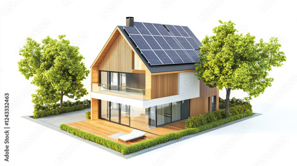 Modern house design with solar panels and greenery surrounding it, showcasing sustainable living and innovative architecture. integration of renewable energy enhances its appeal Modern house design with solar panels and greenery surrounding it, showcasing sustainable living and innovative architecture. integration of renewable energy enhances its appeal