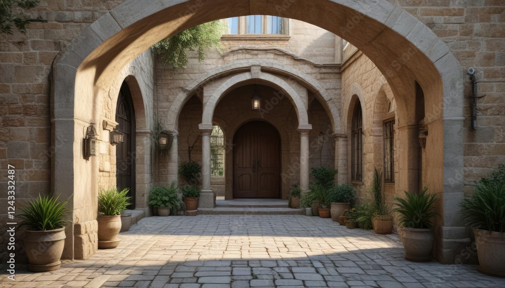 Fototapeta premium Stone arches and doorways in a traditional courtyard , traditional, stone