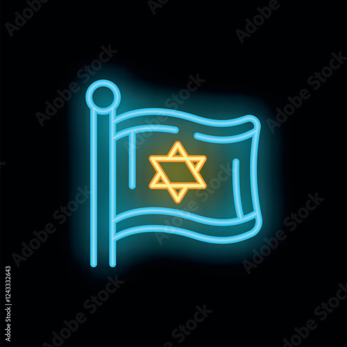 Bright neon israel flag waving with magen david on black background