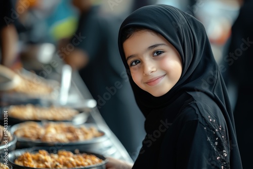 Muslim Girl in Front of Delicious Foods at Dining Table for Iftar Party, Ramadan Mubarak Photo.Fictional Character Created By Generative AI photo