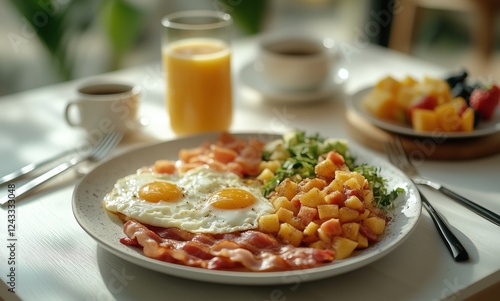 Delicious breakfast spread featuring eggs, bacon, and fresh fruit in a cozy d...