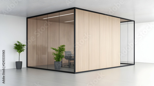 Modern office cubicle, glass and wood, modern workspace, interior design, business setting, empty photo