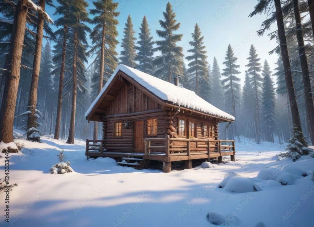 Snowy forest scene with a wooden cabin in the background, chimney, fireplace, winter Snowy forest scene with a wooden cabin in the background, chimney, fireplace, winter