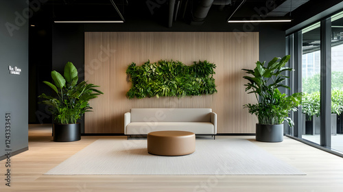 Modern office lobby with living wall and comfortable seating photo