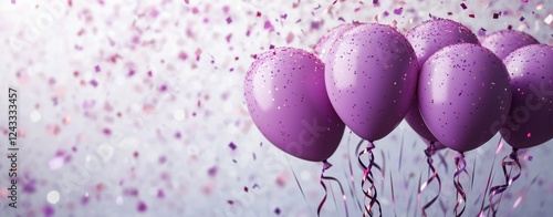 Celebration with purple balloons and confetti shining in light during an even...