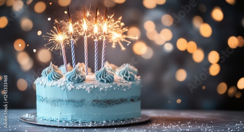 Celebration cake with blue frosting and sparklers on it during a festive gath...