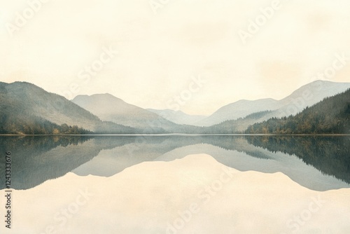 Fototapeta Naklejka Na Ścianę i Meble -  Serene mountain lake reflecting tranquil landscape under a soft, pale sky.