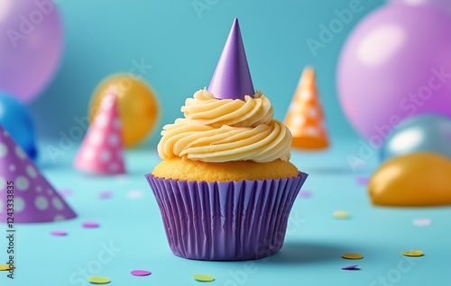 Colorful cupcake with frosting and party hats ready for a celebration on a bl...
