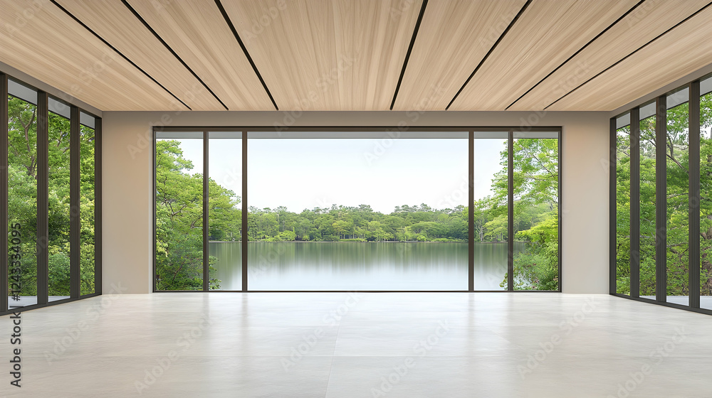 Obraz premium Modern open-plan room with lake view, spacious interior