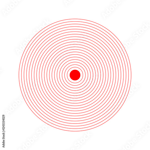 Red concentric circles. Pain localization icon. Ache, sore or inflammation symbol. Pulse, shockwave, radiation or vibration sign. Coverage or damage, radio signal pictograms. Vector illustration.