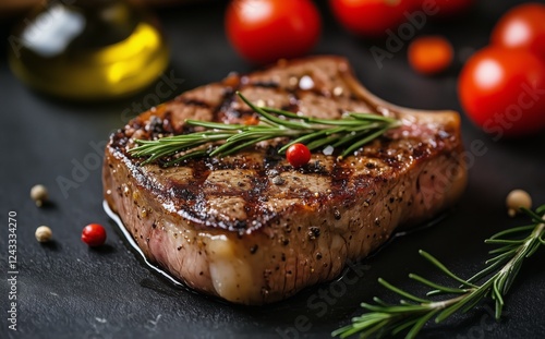 Grilled steak garnished with herbs and cherry tomatoes on a dark table
