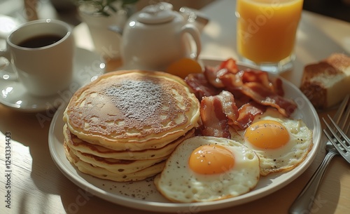 Delicious breakfast spread featuring pancakes, eggs, bacon, and juice in a co...