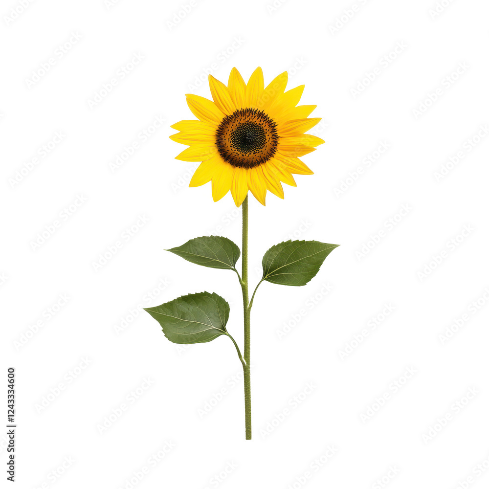 Fototapeta premium Bright sunflower with green leaves on a white isolated background