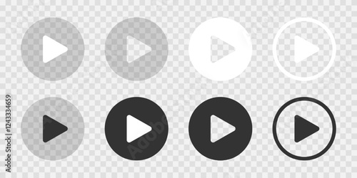 Set of play icons on transparent background texture. Elements for video player. Push, start, click or record button for multimedia app window interface. Vector illustration.