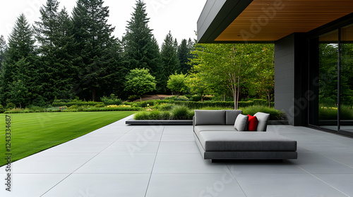 Modern patio with seating area overlooking a lush garden photo