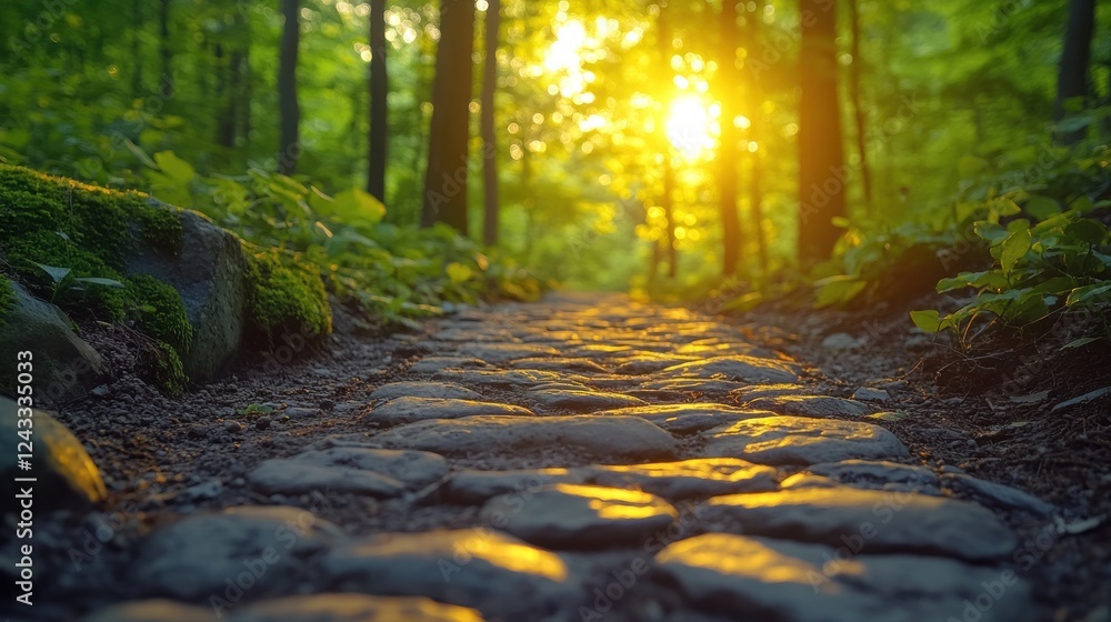 Fototapeta premium Sunset forest path, stone walkway, nature background, travel