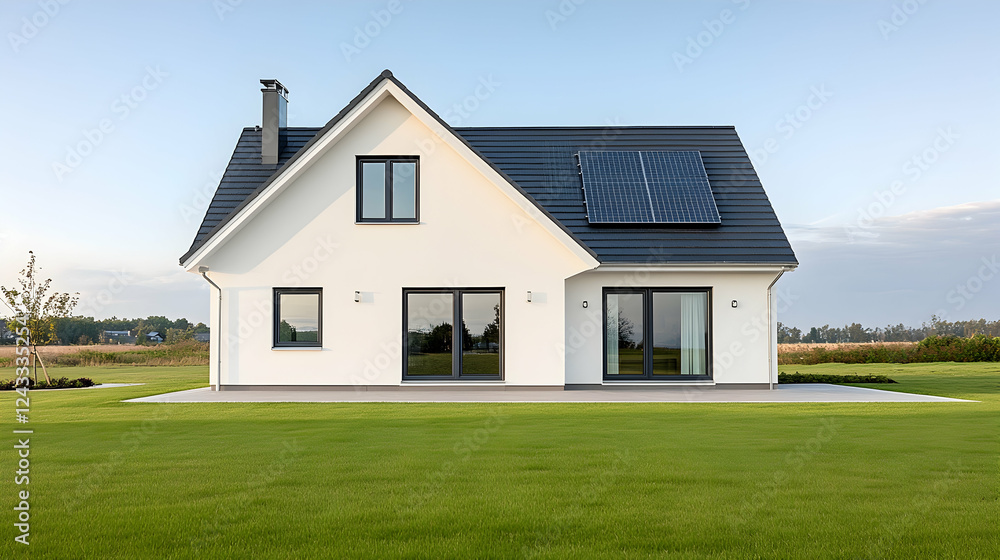 Modern white house with solar panels on a grassy lawn Modern white house with solar panels on a grassy lawn