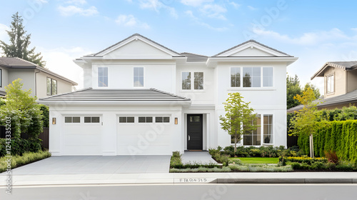 Modern white house exterior on a sunny day, perfect for real estate or architectural photography photo