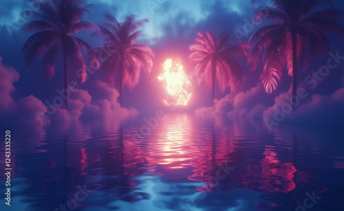 Vibrant sunset with palm trees and reflections in tranquil water