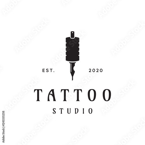 Vintage retro tattoo machine template logo design isolated background.Logo for studio, emblem and business.