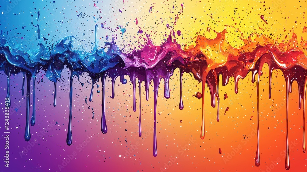 Fototapeta premium Vibrant Abstract Colorful Paint Splash with Dripping Paint Effect in Shades of Blue, Purple, and Orange