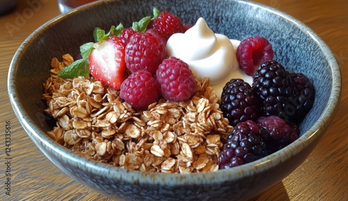 Healthy breakfast bowl with granola, berries, and yogurt served in a stylish ...