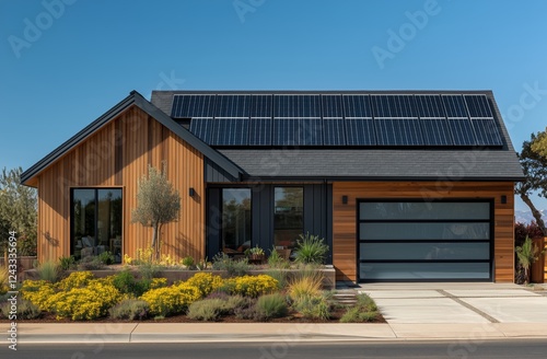 Modern house with solar panels and vibrant landscaping under clear blue sky