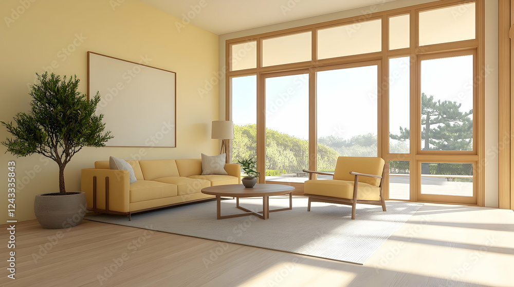 Fototapeta premium Modern yellow living room with patio view