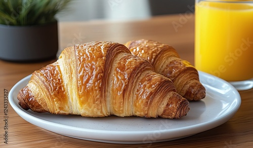 Freshly baked croissants on a plate with a glass of orange juice at a cozy ca...