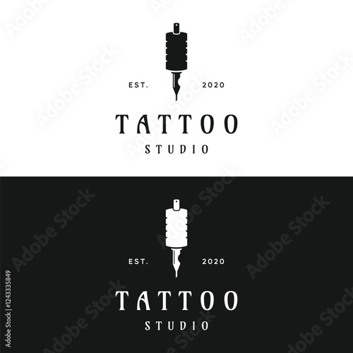 Vintage retro tattoo machine template logo design isolated background.Logo for studio, emblem and business.