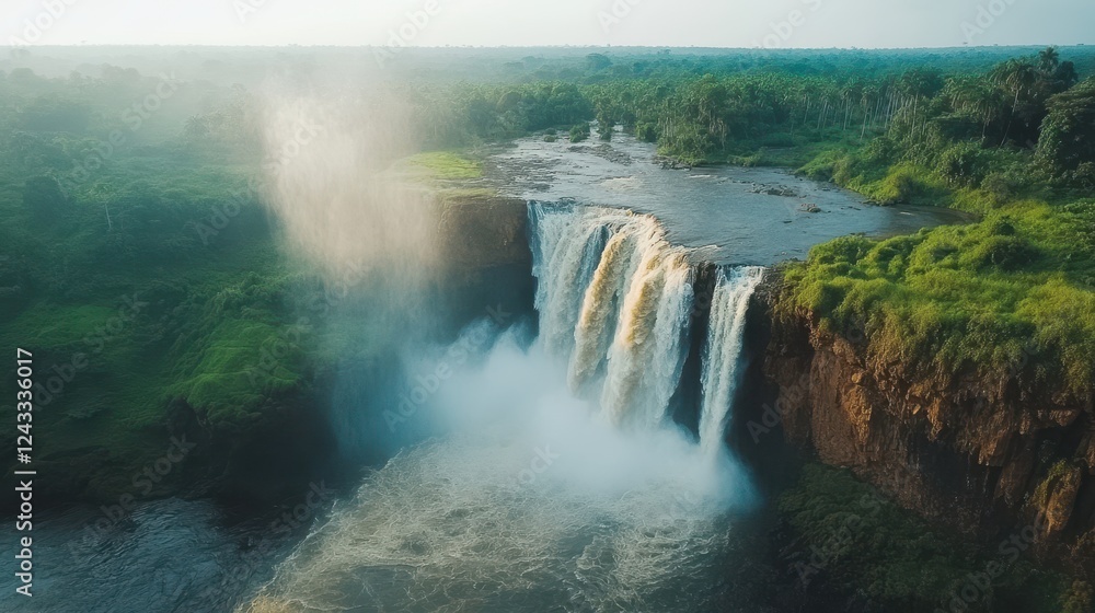 Fototapeta premium Majestic Arafed waterfall cascades powerfully over a rugged cliff, creating a stunning natural spectacle surrounded by lush greenery.