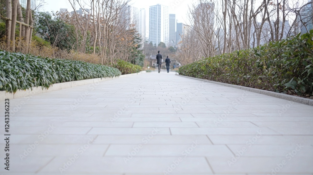 City park path, two people walking, cityscape background, urban nature escape