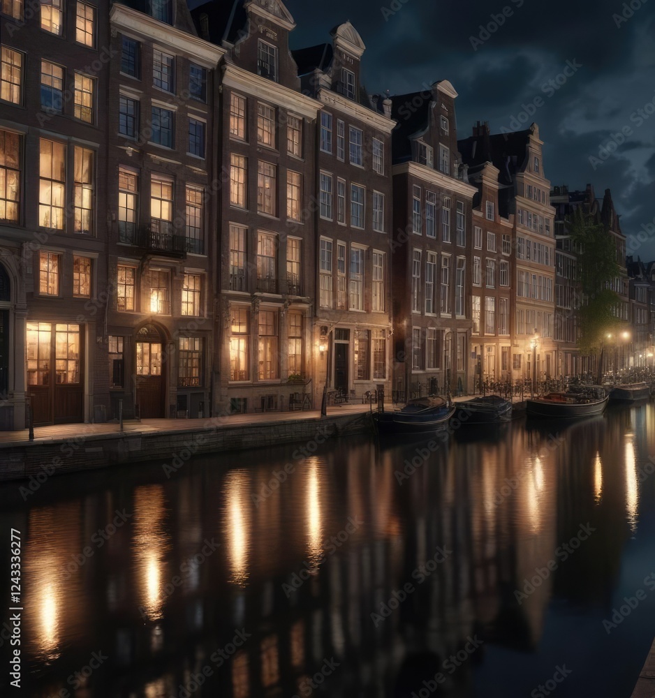Fototapeta premium Tall buildings and grand canalside facades of old Amsterdam houses illuminated by streetlights at night, ornate facades, historic details, streetlights