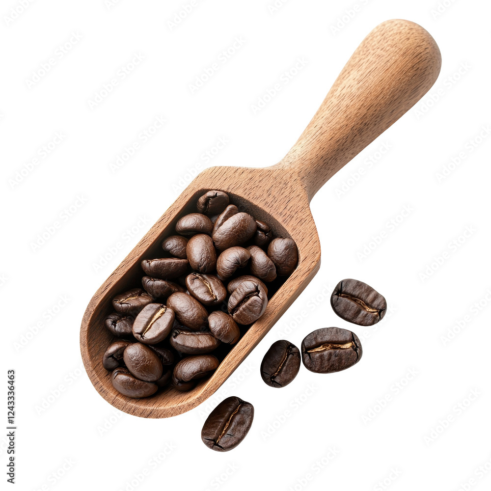 Fototapeta premium Coffee beans in a wooden scoop on a white isolated background.